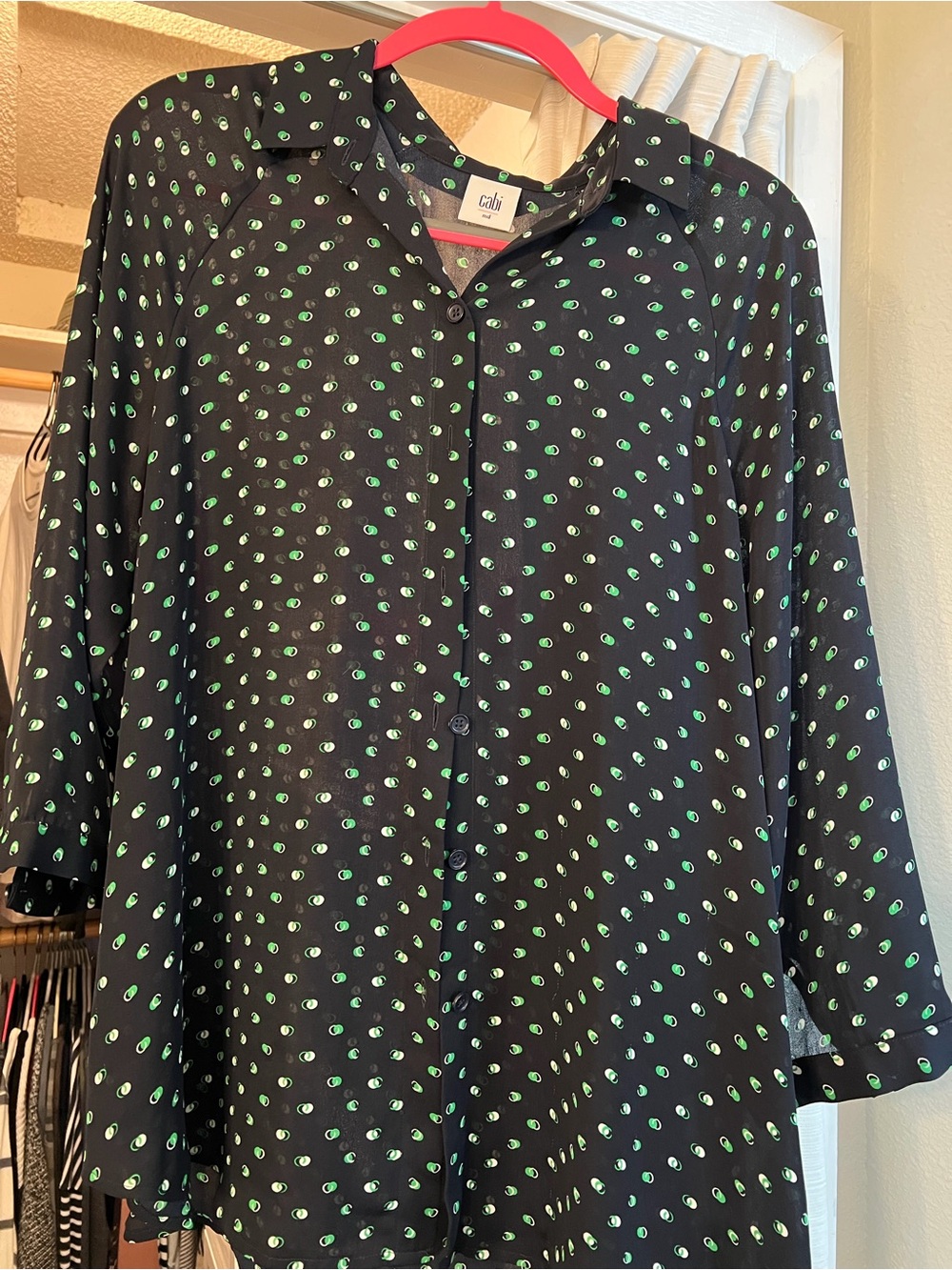 CAbi Black Shirt with Green Dot Pattern